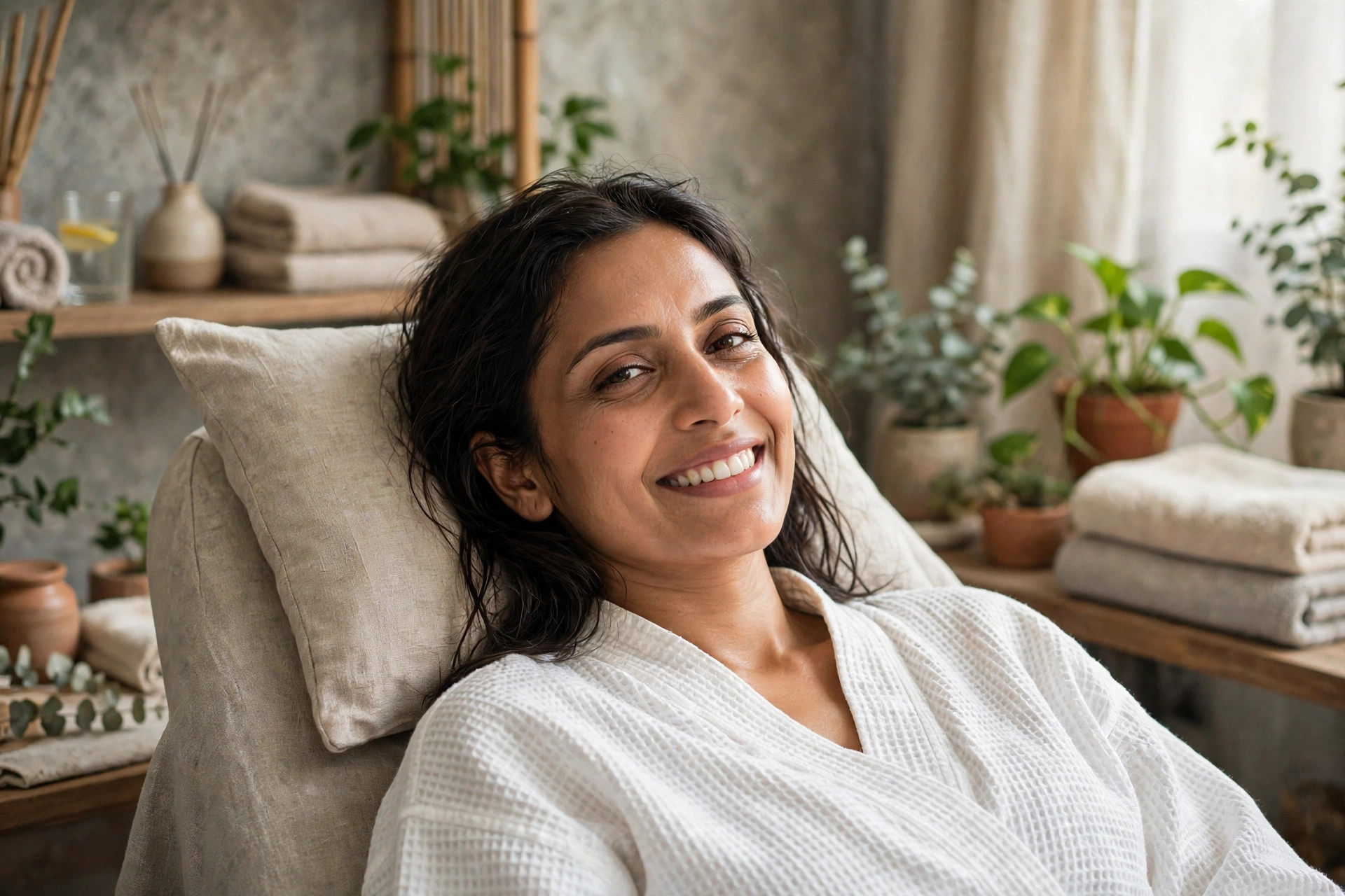 Same woman glowing and relaxed after salon and spa treatments