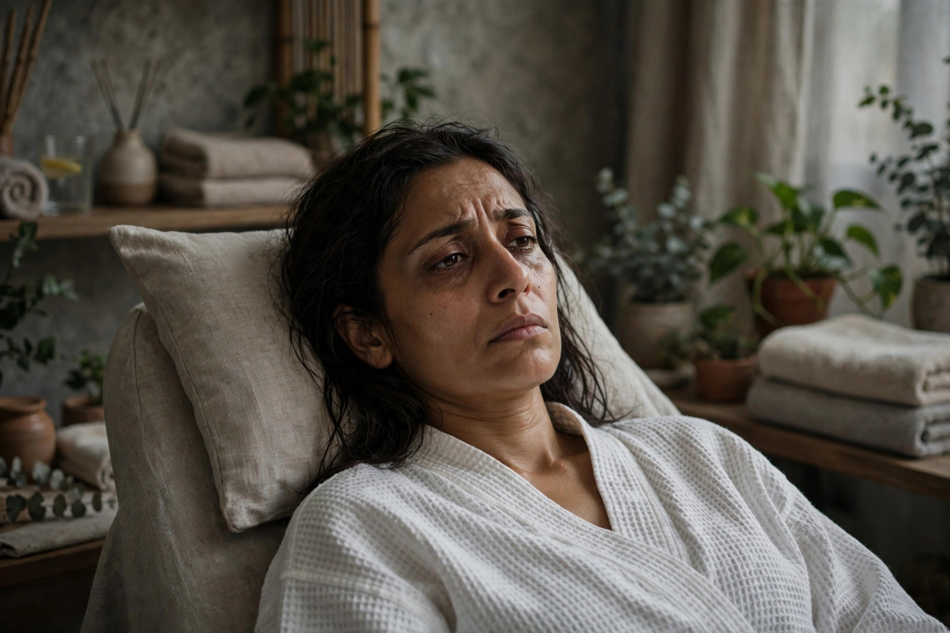 Woman looking tired with dull skin and flat hair before a spa visit